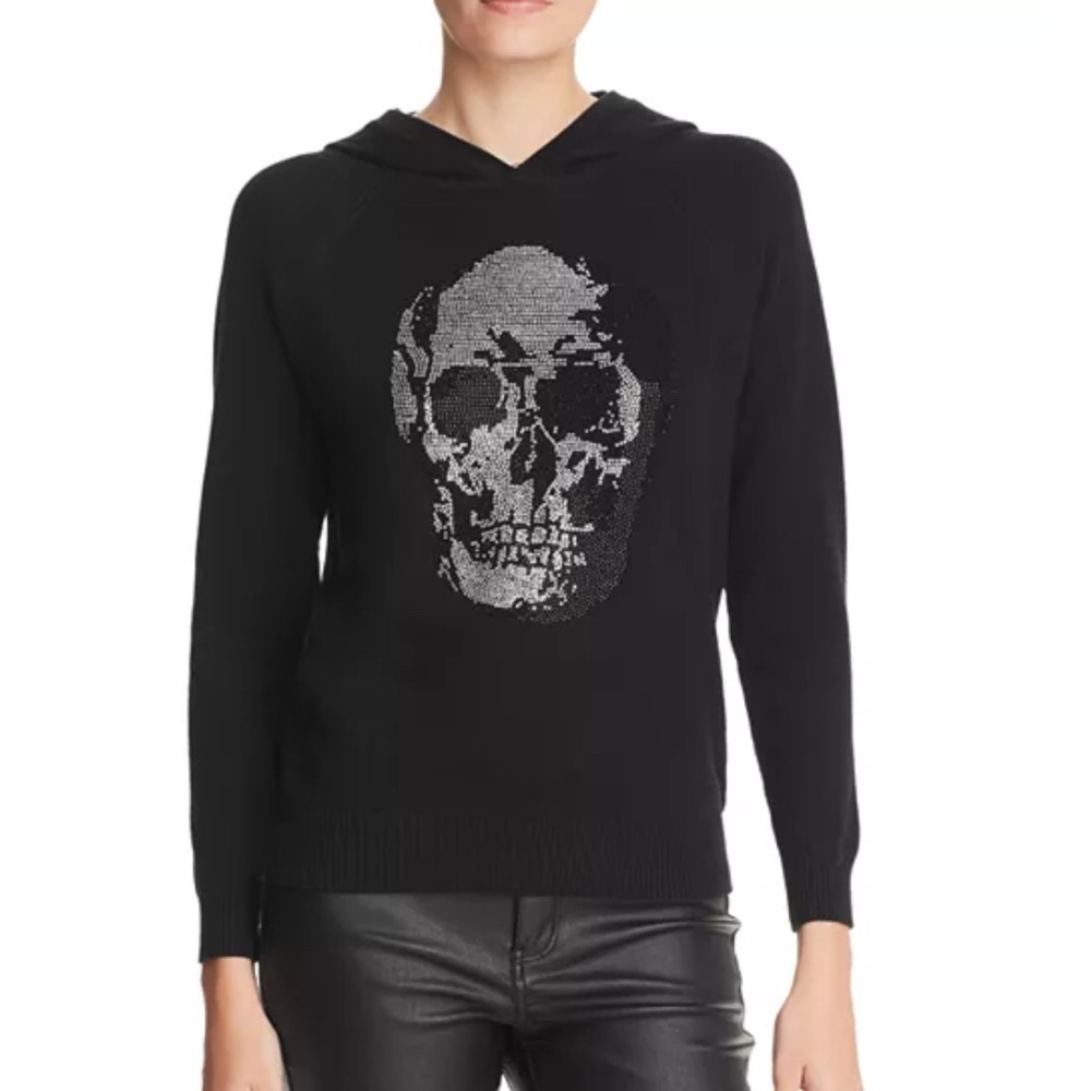 Minnie Rose Black Hoodie with Rhinestone Skull Embellishment Cotton and Cashmere